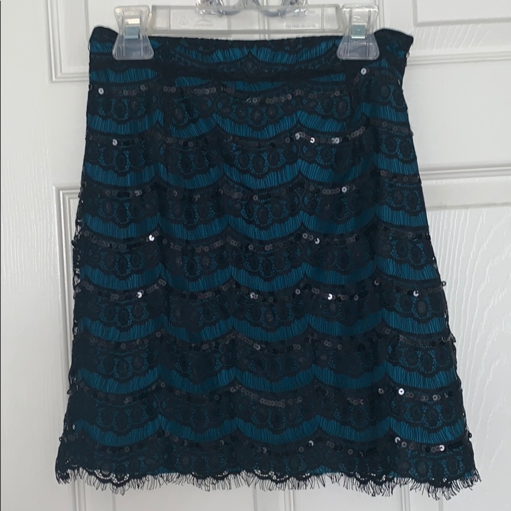 Teal and black lace sequin skirt